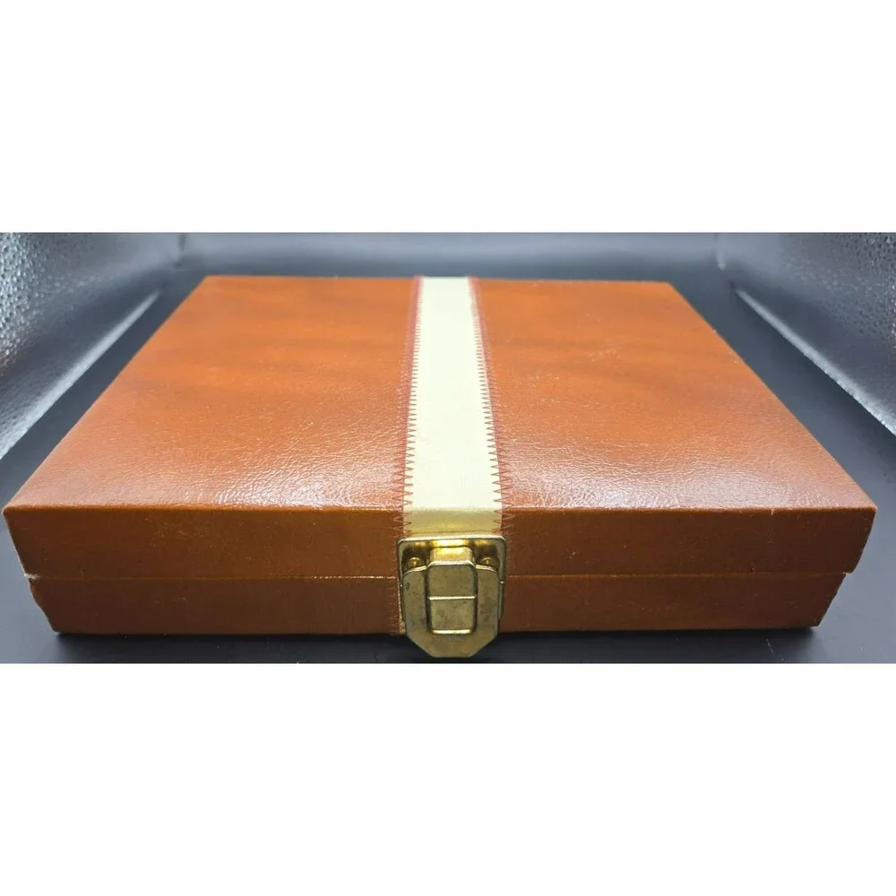 Vintage Folding Backgammon Set - Brown Faux Leather Case with Red & Cream Felt-B